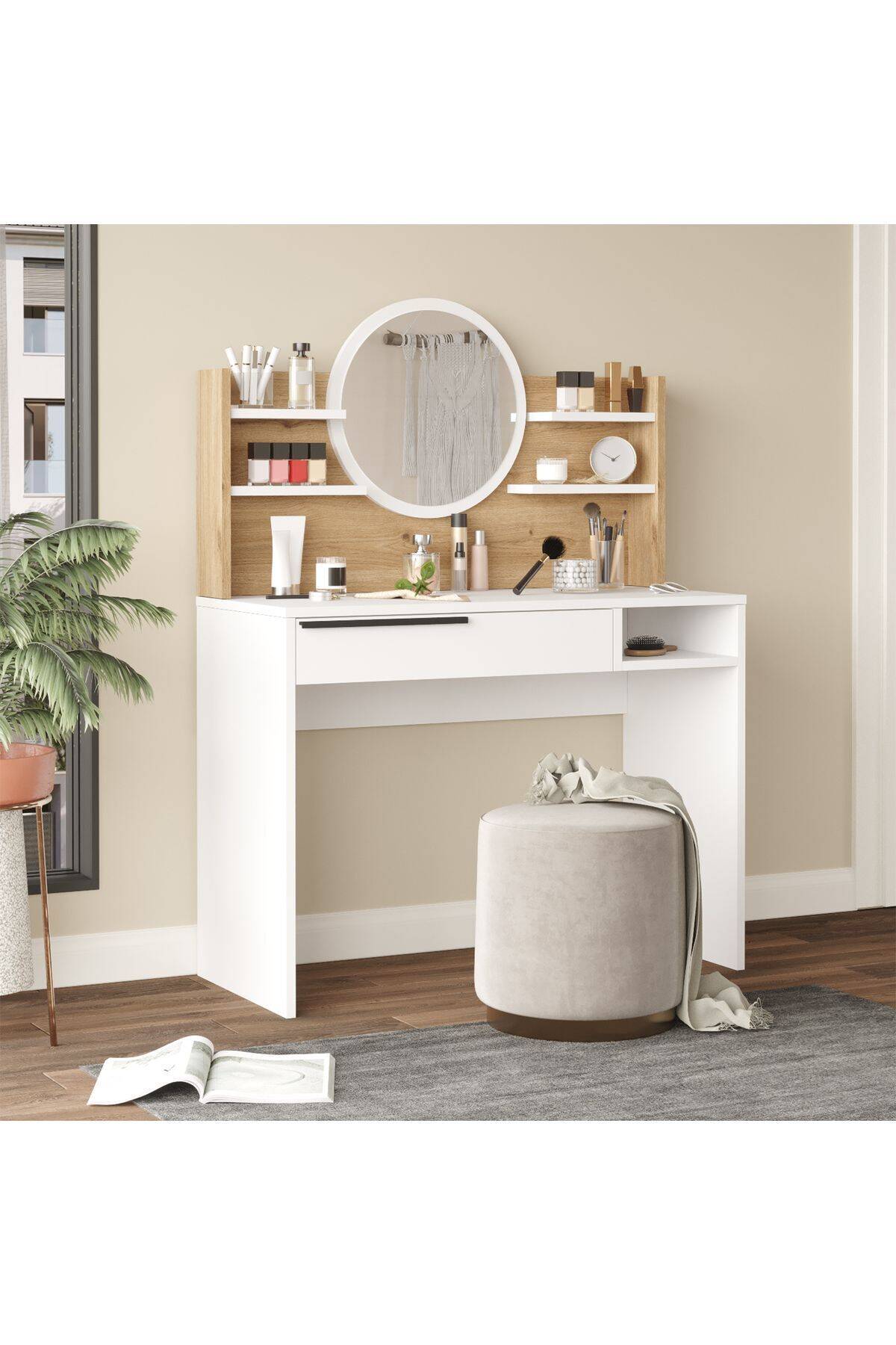 Coiffeuse avec miroir BOH28 – Miroir rond, étagères & tiroir 100 cm | Style Bohème Chêne, Blanc ou Chêne/Blanc