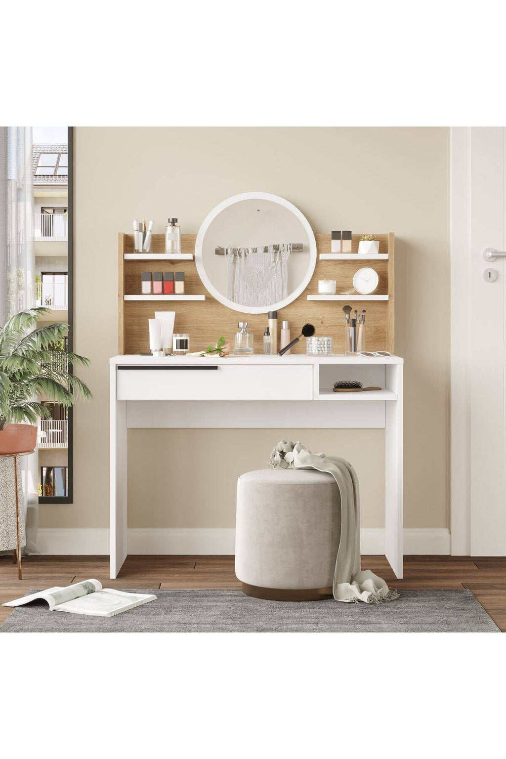 Coiffeuse avec miroir BOH28 – Miroir rond, étagères & tiroir 100 cm | Style Bohème Chêne, Blanc ou Chêne/Blanc
