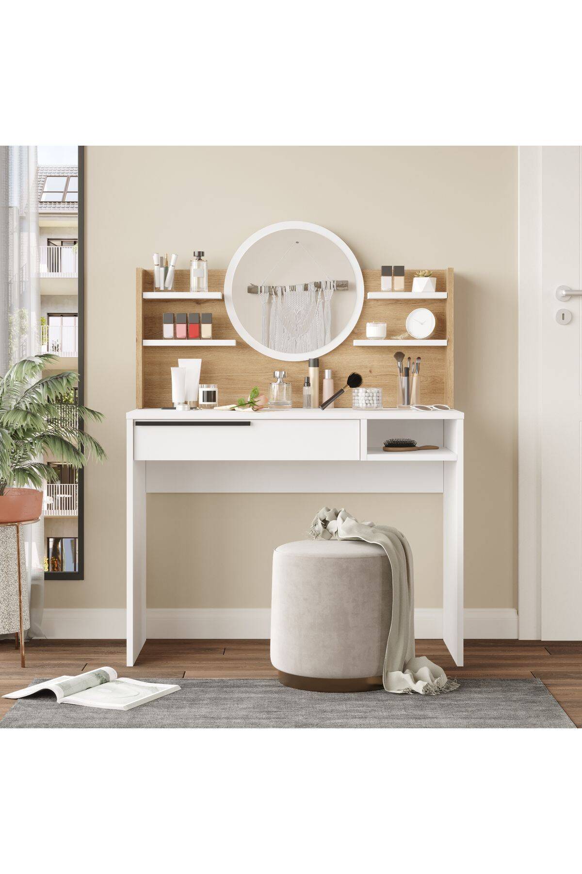 Coiffeuse avec miroir BOH28 – Miroir rond, étagères & tiroir 100 cm | Style Bohème Chêne, Blanc ou Chêne/Blanc