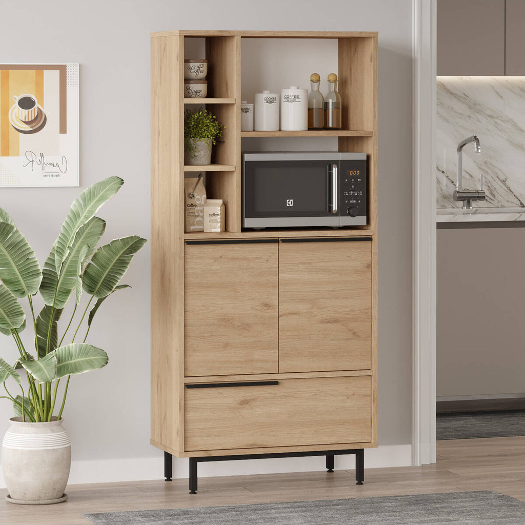 Armoire multifonction Bohème avec 3 portes, étagères et pieds en métal