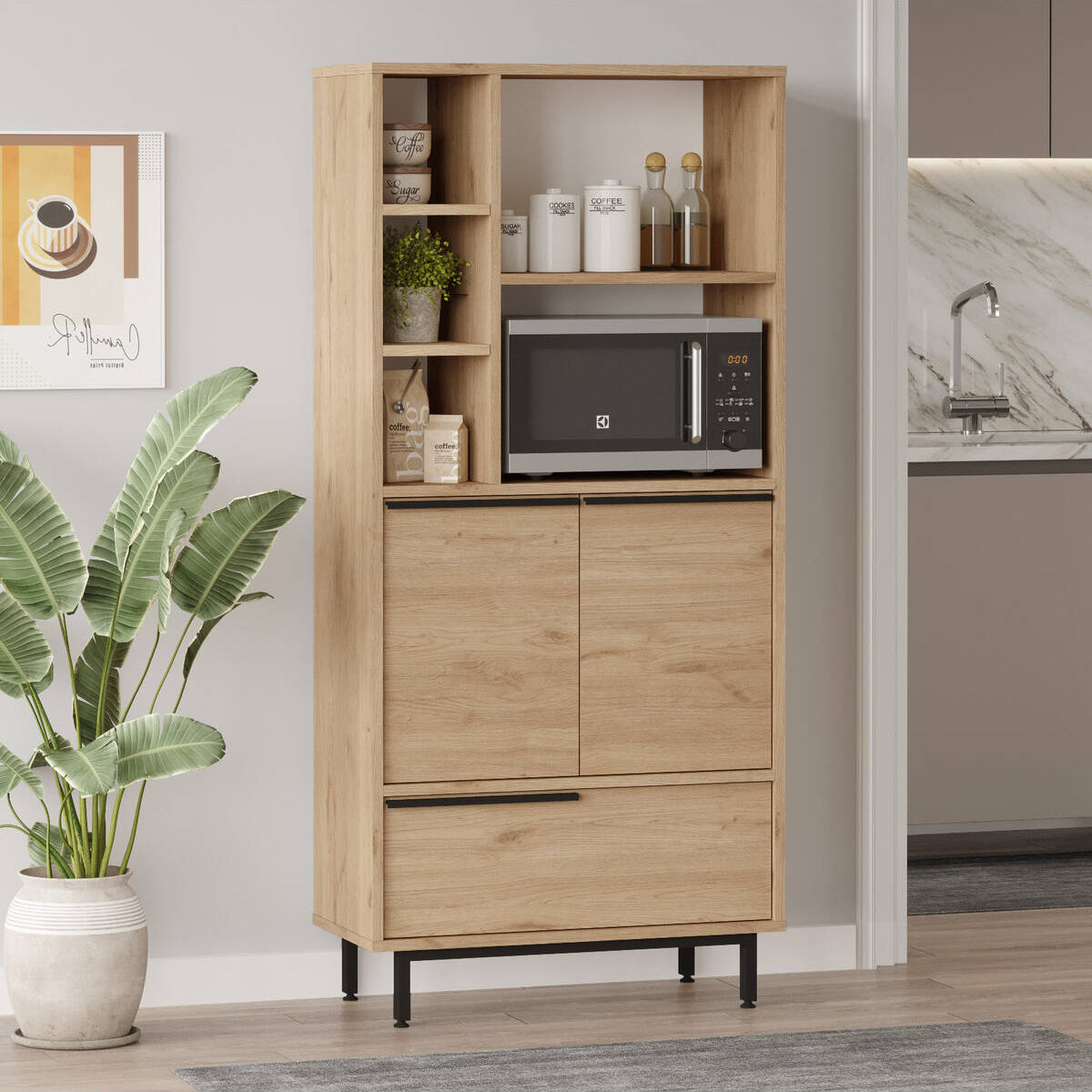 Armoire multifonction Bohème avec 3 portes, étagères et pieds en métal