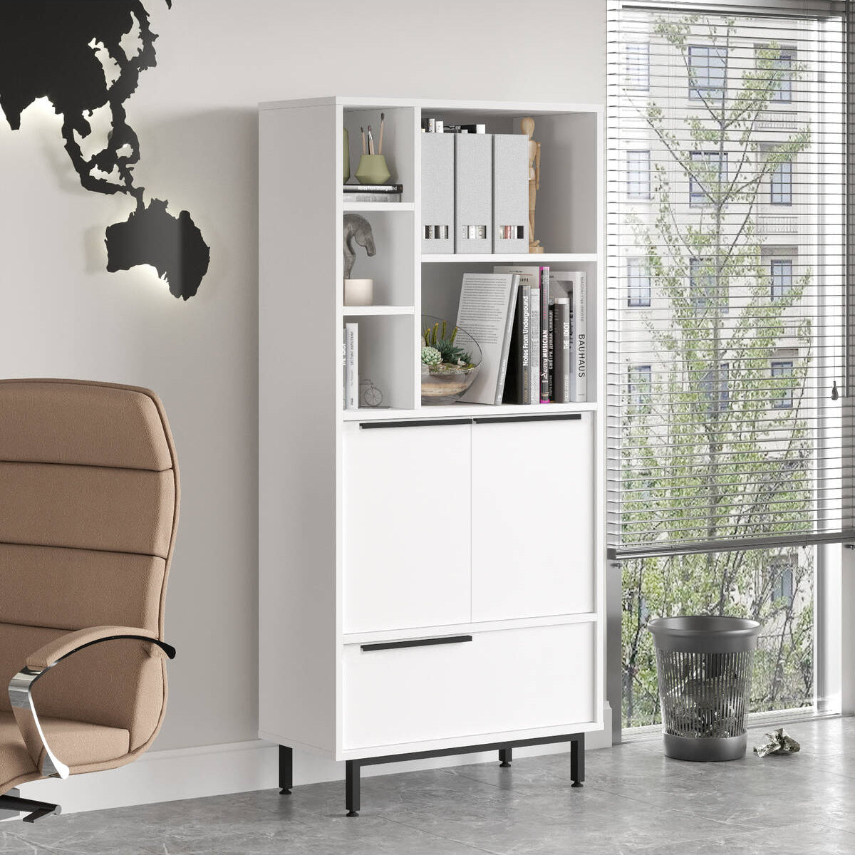 Armoire multifonction Bohème avec 3 portes, étagères et pieds en métal