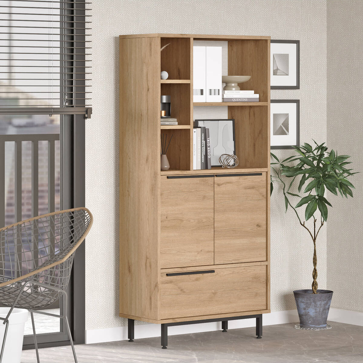 Armoire multifonction Bohème avec 3 portes, étagères et pieds en métal