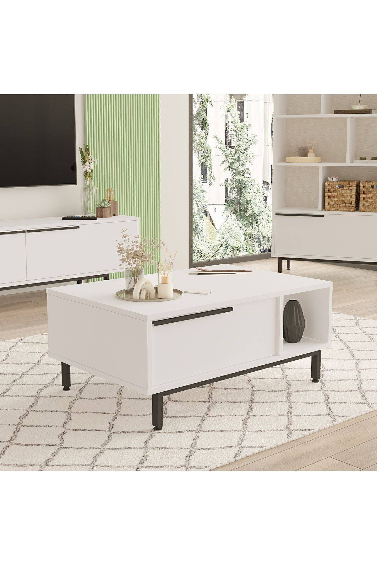 Table basse BOH2 – Compartiments de rangement & Pieds Métal | Style Bohème Chêne/Blanc, Blanc ou Chêne