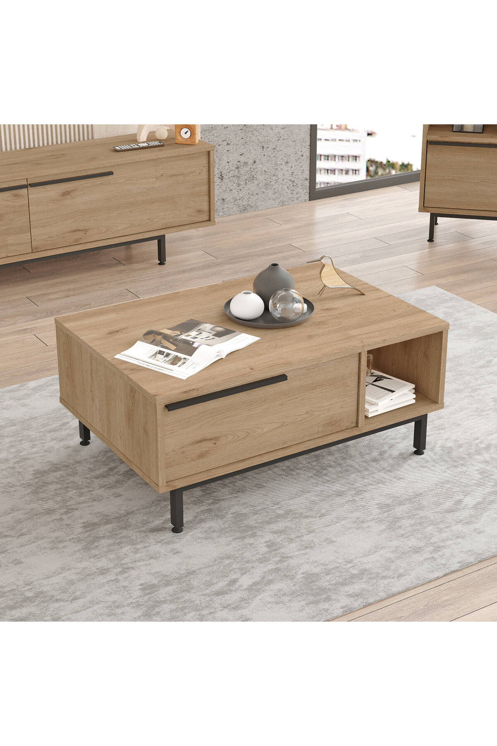 Table basse BOH2 – Compartiments de rangement & Pieds Métal | Style Bohème Chêne/Blanc, Blanc ou Chêne