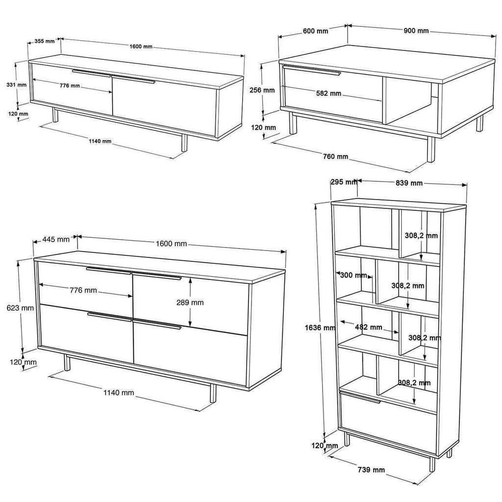 Lot de meubles pour salon BOH21 – Meuble TV, Table basse, Buffet & Bibliothèque | Style Bohème Chêne/Blanc, Blanc ou Chêne