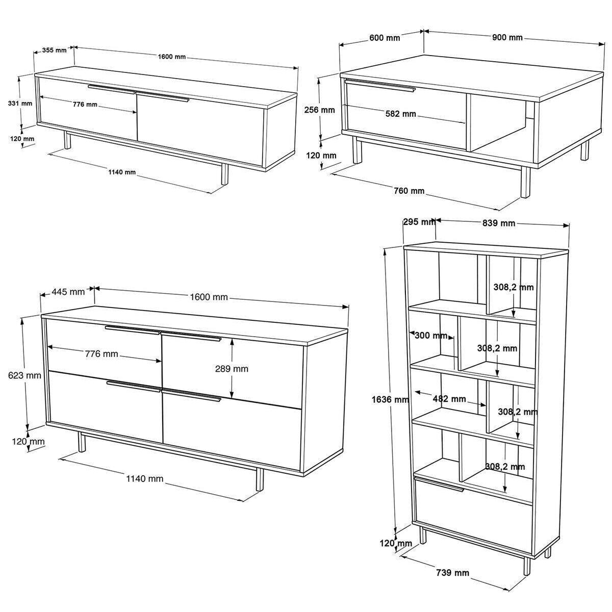 Lot de meubles pour salon BOH21 – Meuble TV, Table basse, Buffet & Bibliothèque | Style Bohème Chêne/Blanc, Blanc ou Chêne