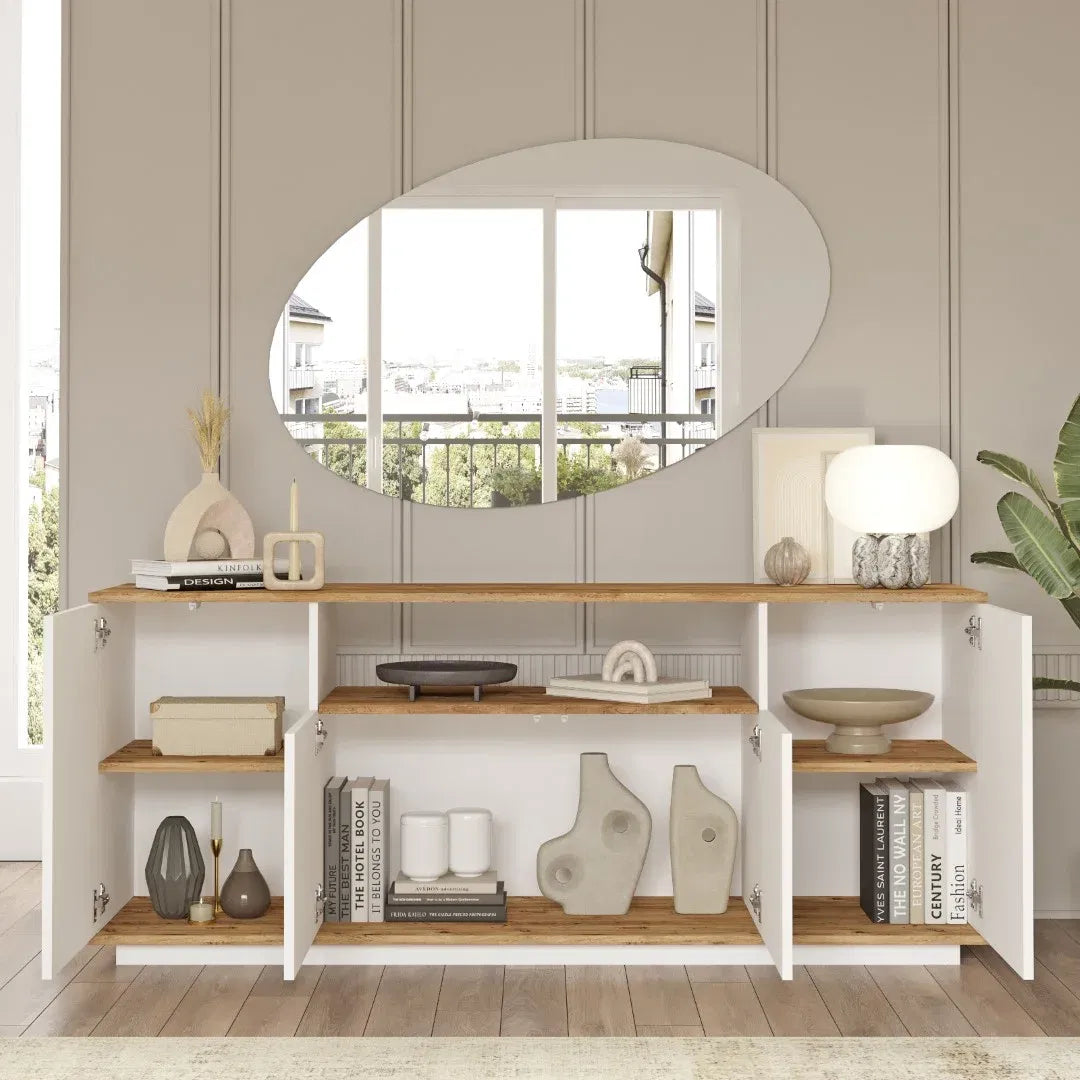 Lot de meubles pour salon AVE19 – Meuble TV, Table basse, Bibliothèque & Buffet | Pin & Blanc