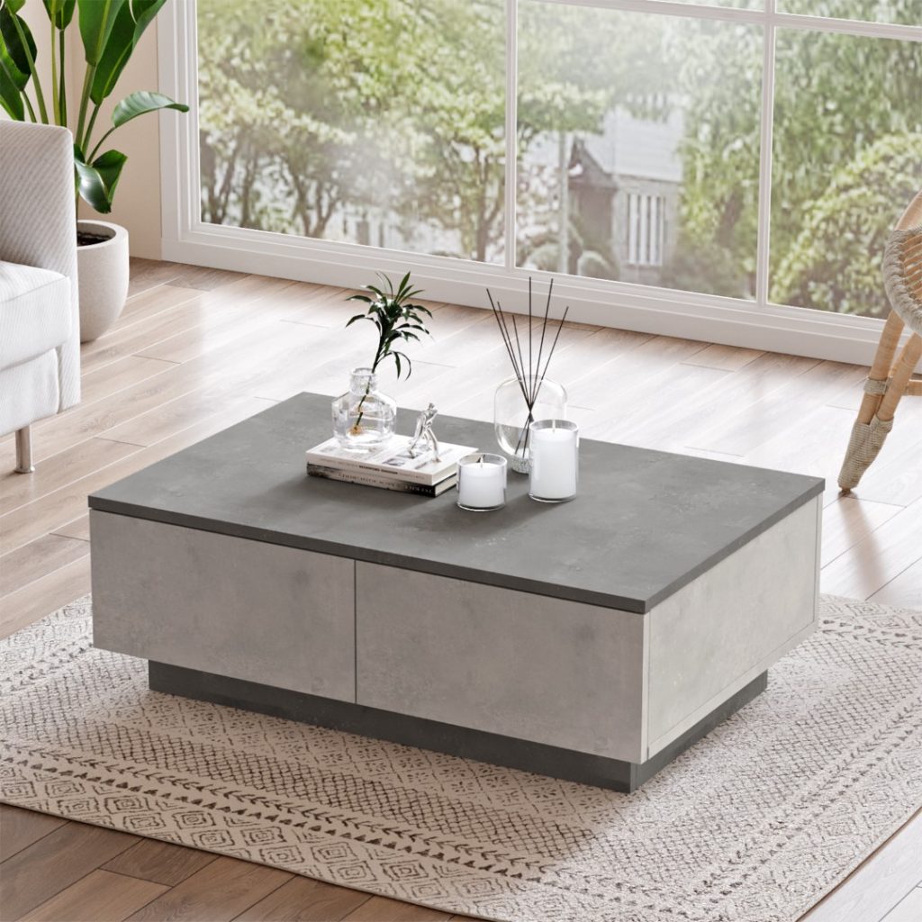 Table basse ARY17 – Avec Rangement 90 cm | Blanc/Bois ou Gris Béton