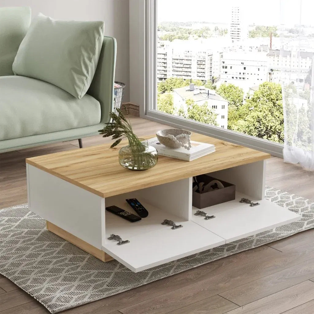 Table basse ARY17 – Avec Rangement 90 cm | Blanc/Bois ou Gris Béton