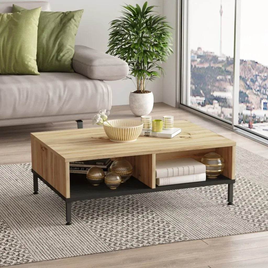 Table basse ARY18 – Design Contemporain 90 cm | Bois/Noir ou Gris Béton/Noir