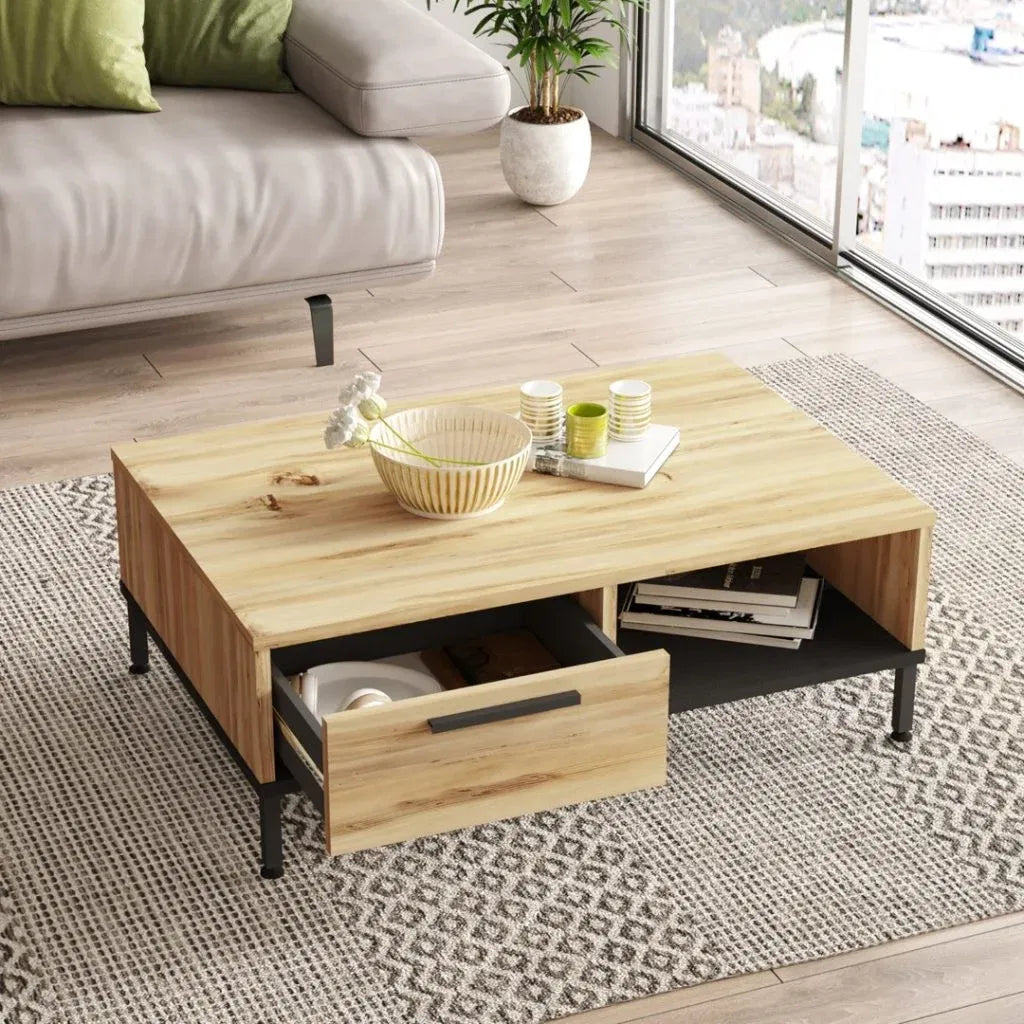 Table basse ARY18 – Design Contemporain 90 cm | Bois/Noir ou Gris Béton/Noir