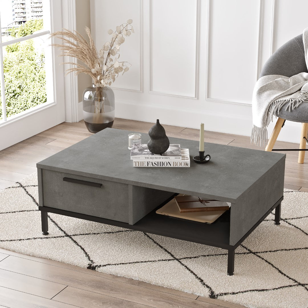 Table basse ARY18 – Design Contemporain 90 cm | Bois/Noir ou Gris Béton/Noir