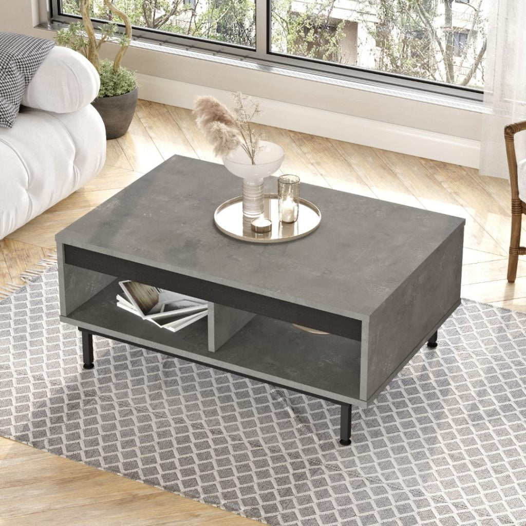 Table basse ARY29 – Design Contemporain 90 cm | Bois/Noir ou Gris Béton/Noir