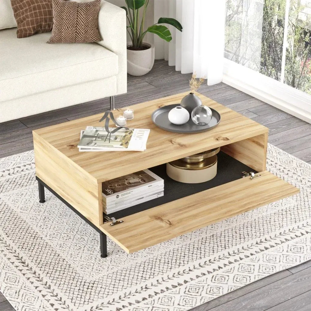 Table basse ARY31 – Design Contemporain 90 cm | Bois/Noir ou Gris Béton/Noir