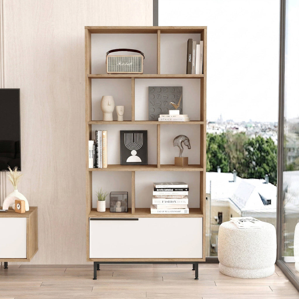 Bibliothèque BOH4 – 176 cm avec Pieds Métal  | Style Bohème Chêne, Blanc ou Chêne/Blanc