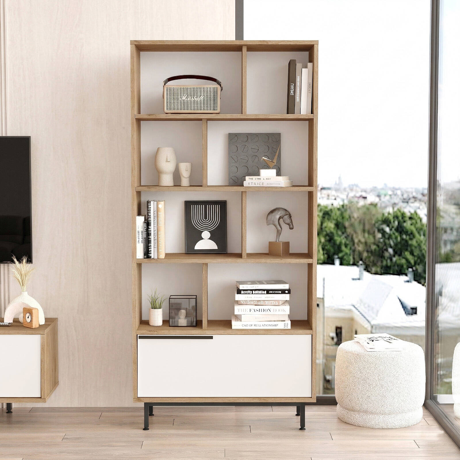 Bibliothèque BOH4 – 176 cm avec Pieds Métal  | Style Bohème Chêne, Blanc ou Chêne/Blanc