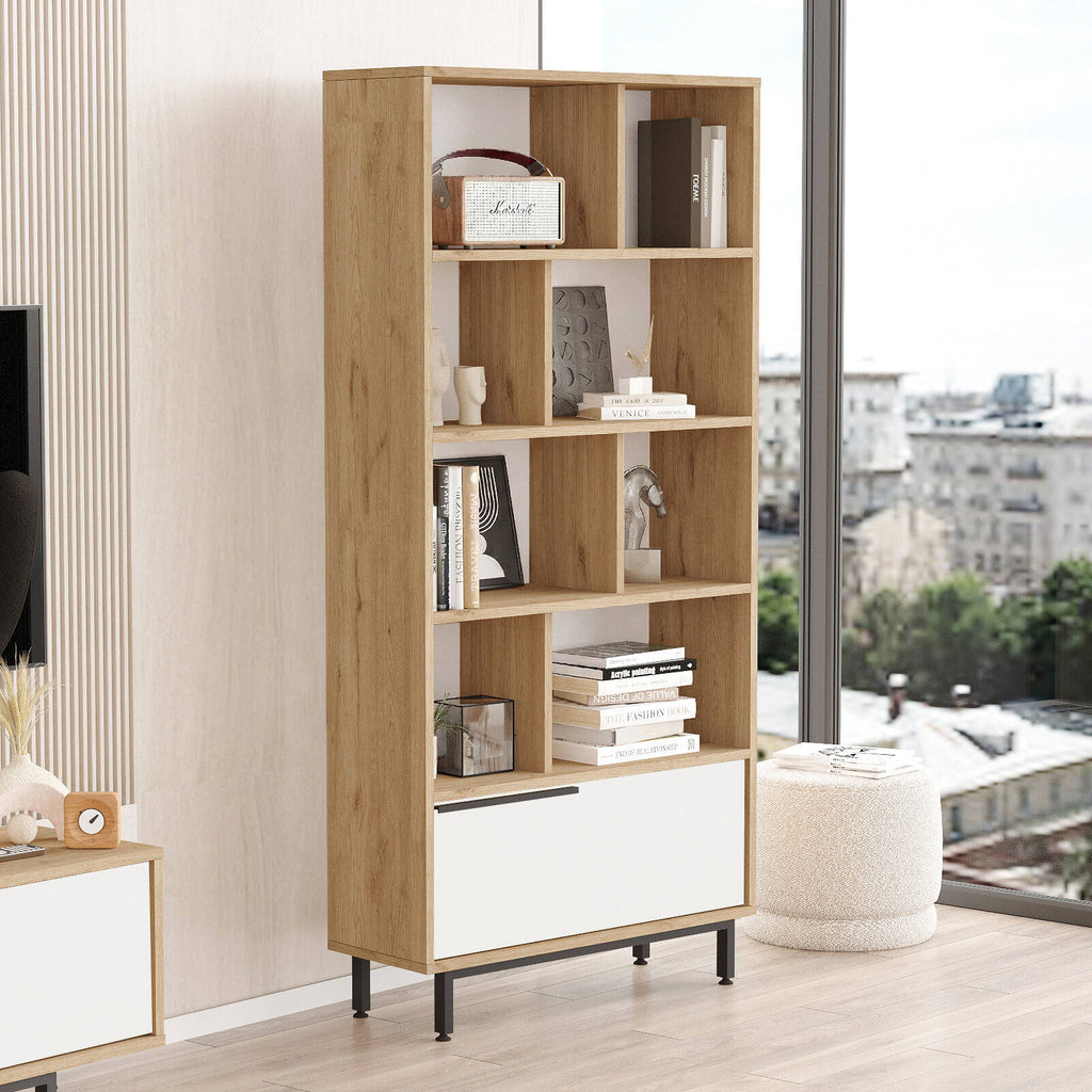 Bibliothèque BOH4 – 176 cm avec Pieds Métal  | Style Bohème Chêne, Blanc ou Chêne/Blanc