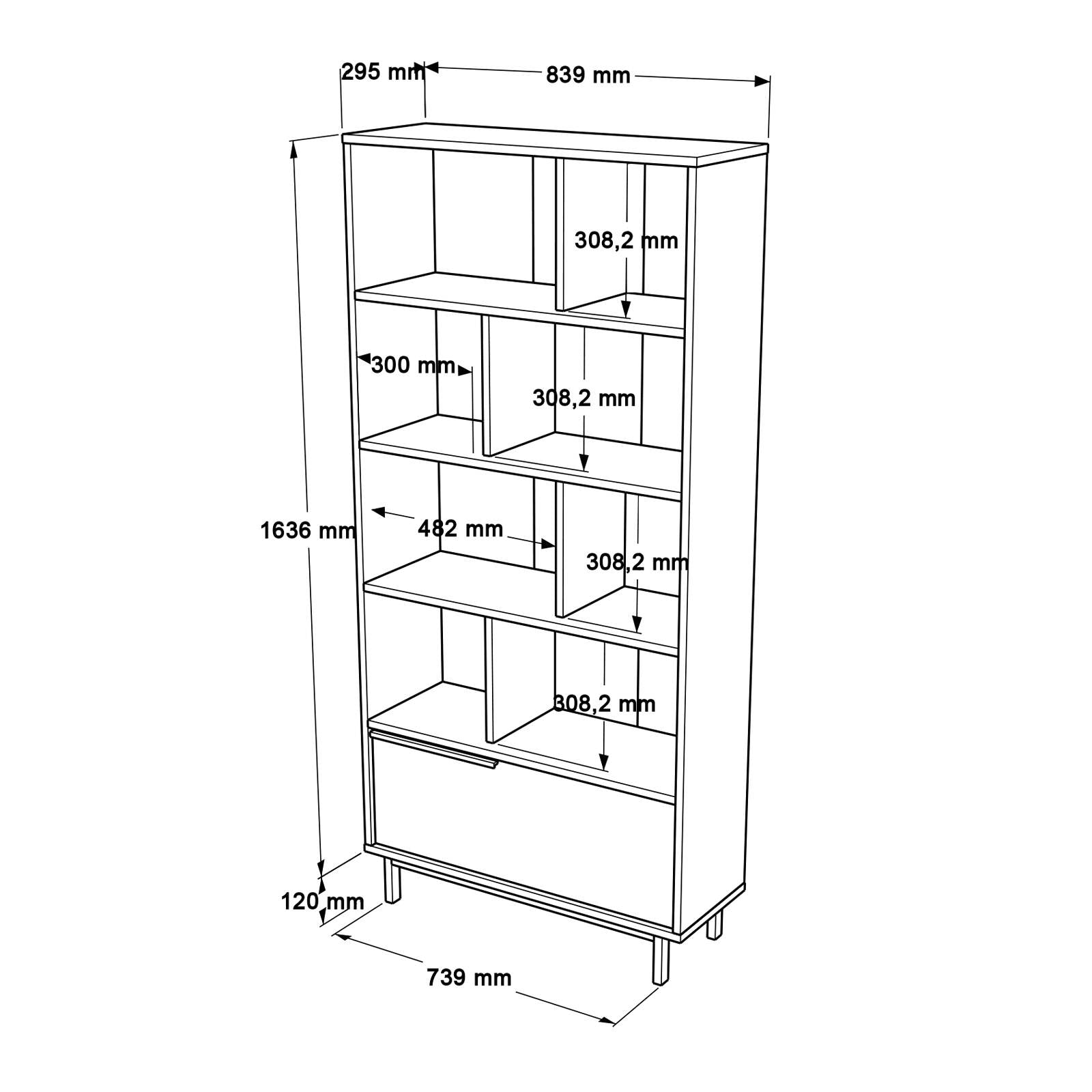 Bibliothèque BOH4 – 176 cm avec Pieds Métal  | Style Bohème Chêne, Blanc ou Chêne/Blanc