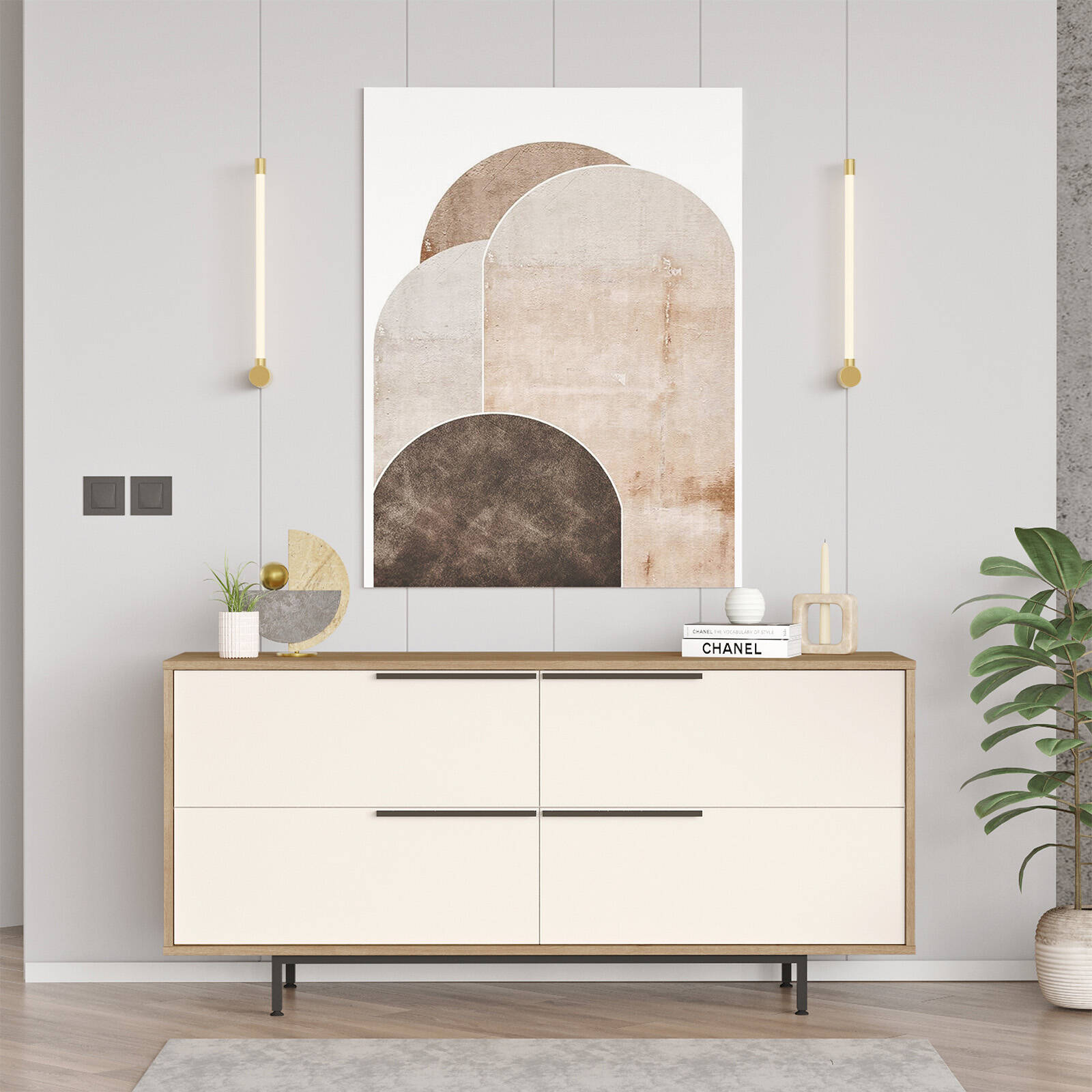 Buffet BOH3 – 4 Portes & Pieds Métal 160 cm | Style Bohème Chêne, Blanc ou Chêne/Blanc