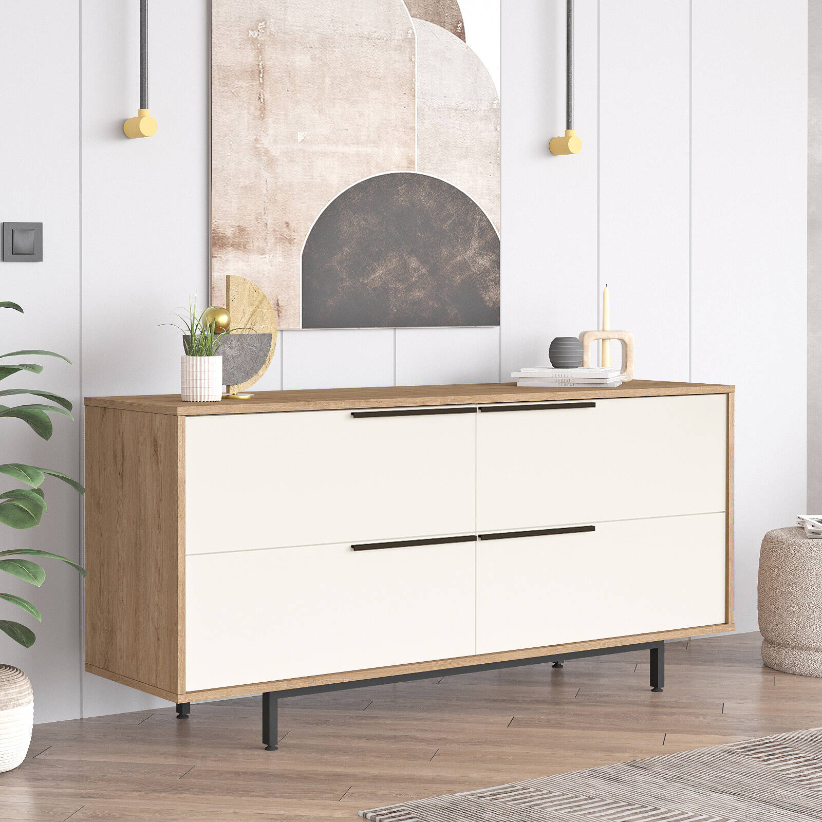 Buffet BOH3 – 4 Portes & Pieds Métal 160 cm | Style Bohème Chêne, Blanc ou Chêne/Blanc