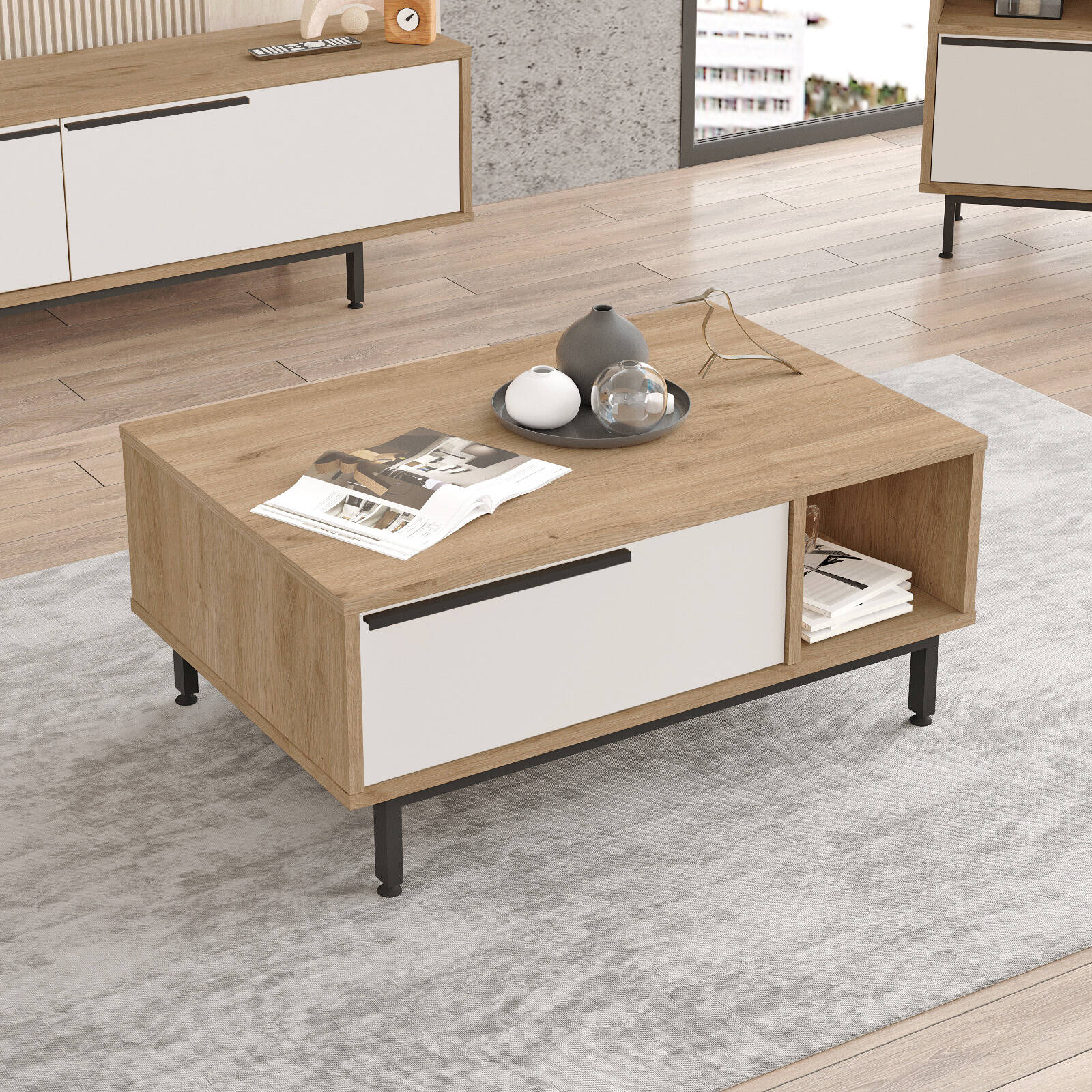 Table basse BOH2 – Compartiments de rangement & Pieds Métal | Style Bohème Chêne/Blanc, Blanc ou Chêne