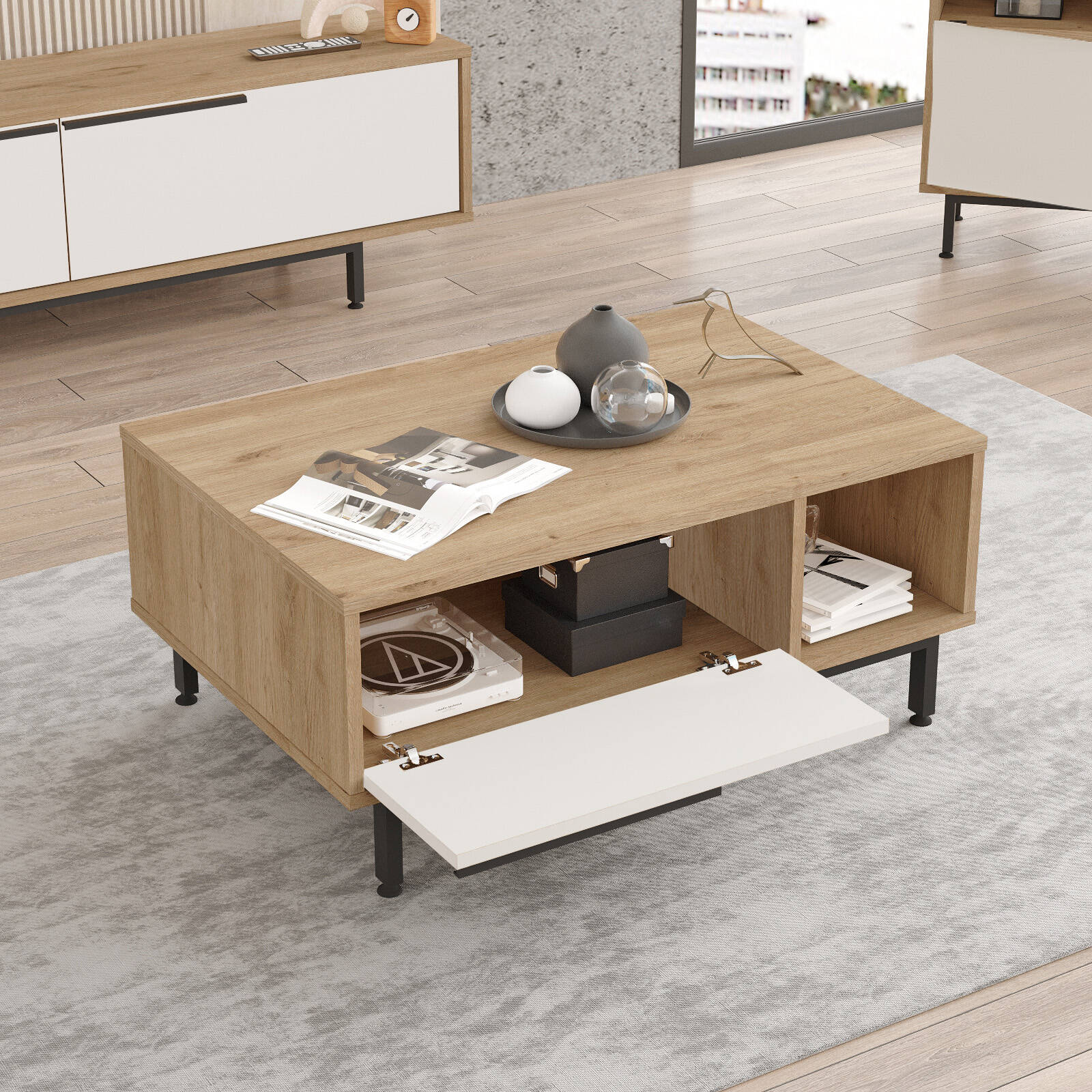 Table basse BOH2 – Compartiments de rangement & Pieds Métal | Style Bohème Chêne/Blanc, Blanc ou Chêne
