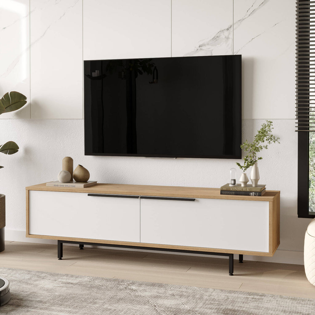 Meuble TV BOH1 – Style Bohème 160 cm & Pieds Métal | Chêne/Blanc, Blanc ou Chêne