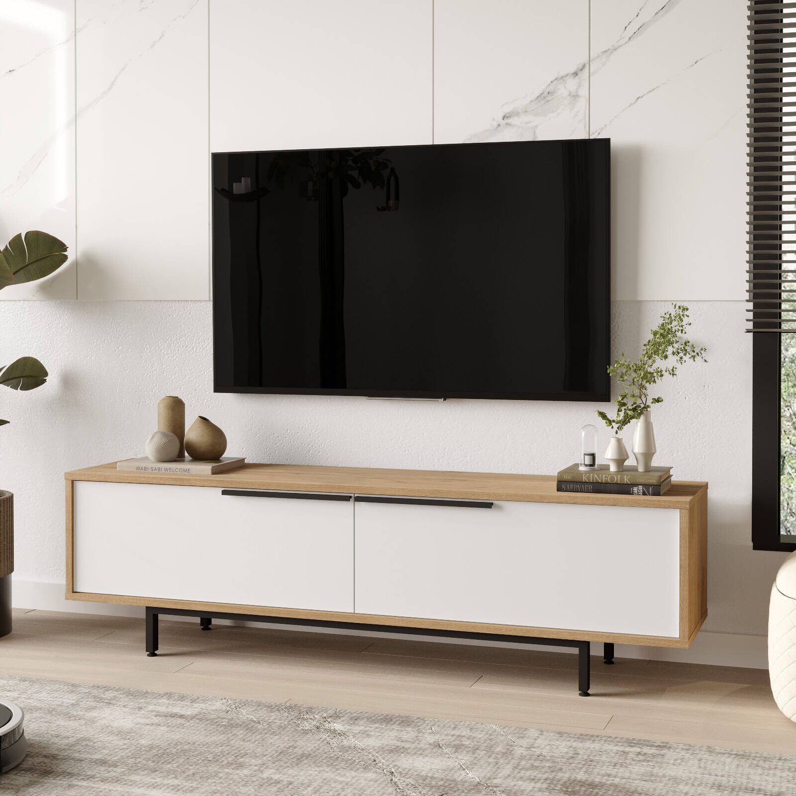 Meuble TV BOH1 – Style Bohème 160 cm & Pieds Métal | Chêne/Blanc, Blanc ou Chêne