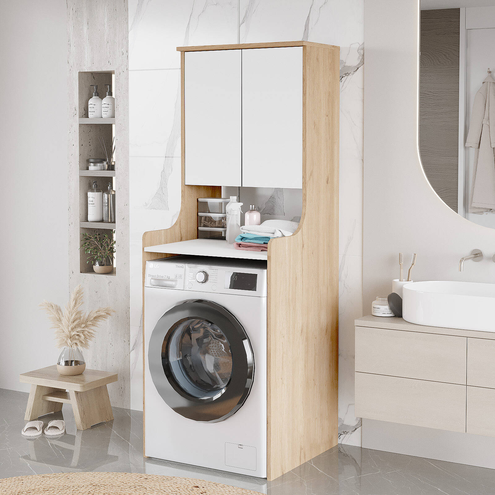 Meuble pour lave-linge VAL2 – Étagères & Compartiment de rangement 181 cm | 5 Coloris