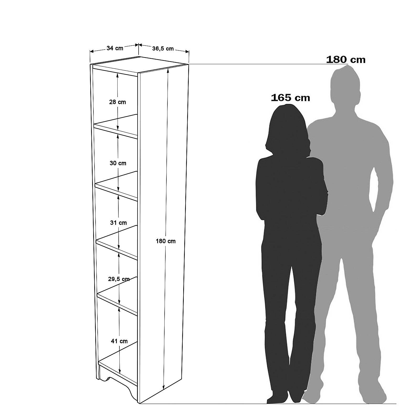 Colonne de rangement LIB3 – 5 Étagères, 1 Porte & Compartiment 180 cm | Chêne/Blanc, Blanc ou Chêne/Anthracite