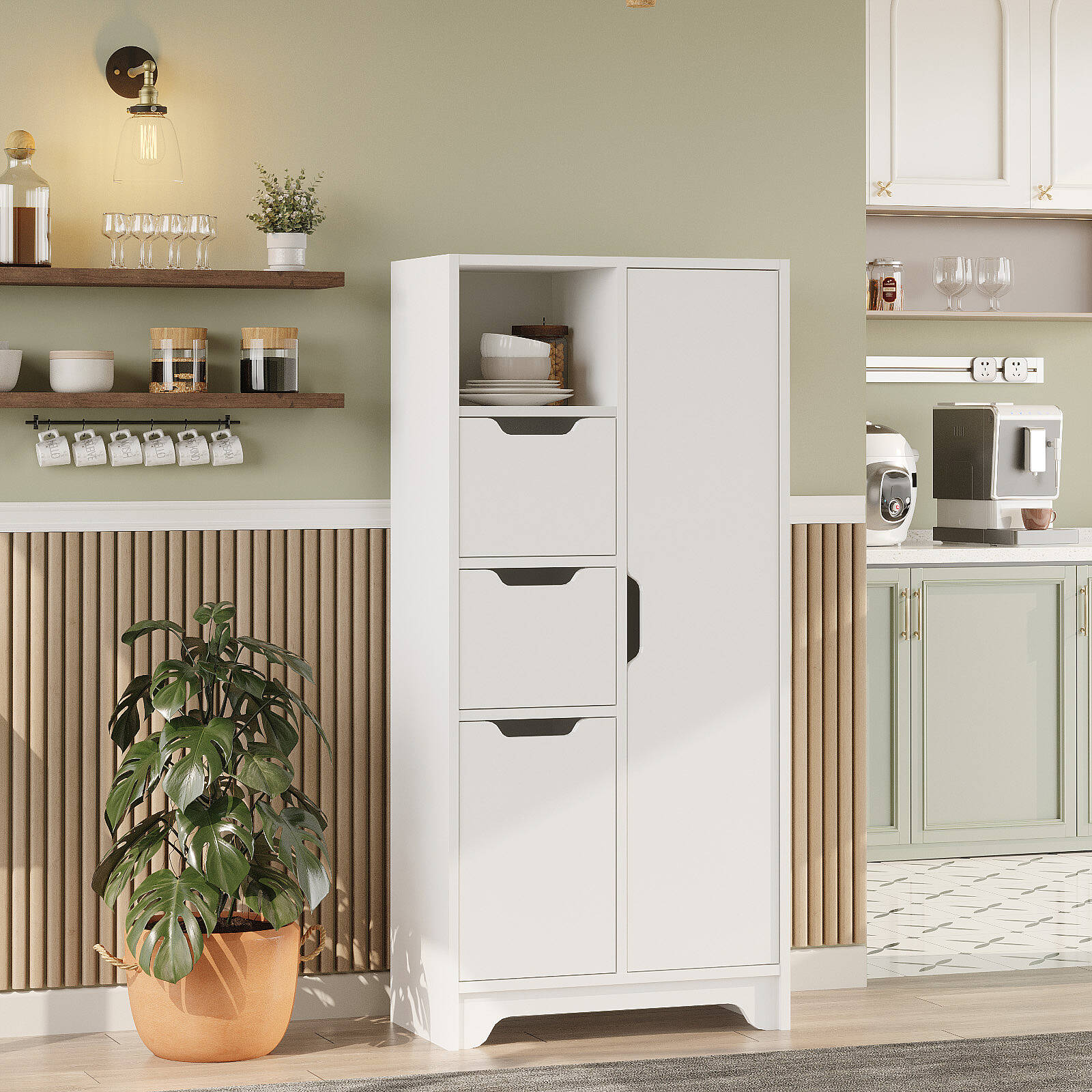 Colonne de rangement LIB1 – 6 Étagères, 2 Portes, 2 Tiroirs 140 cm | Chêne/Blanc, Blanc ou Chêne/Anthracite