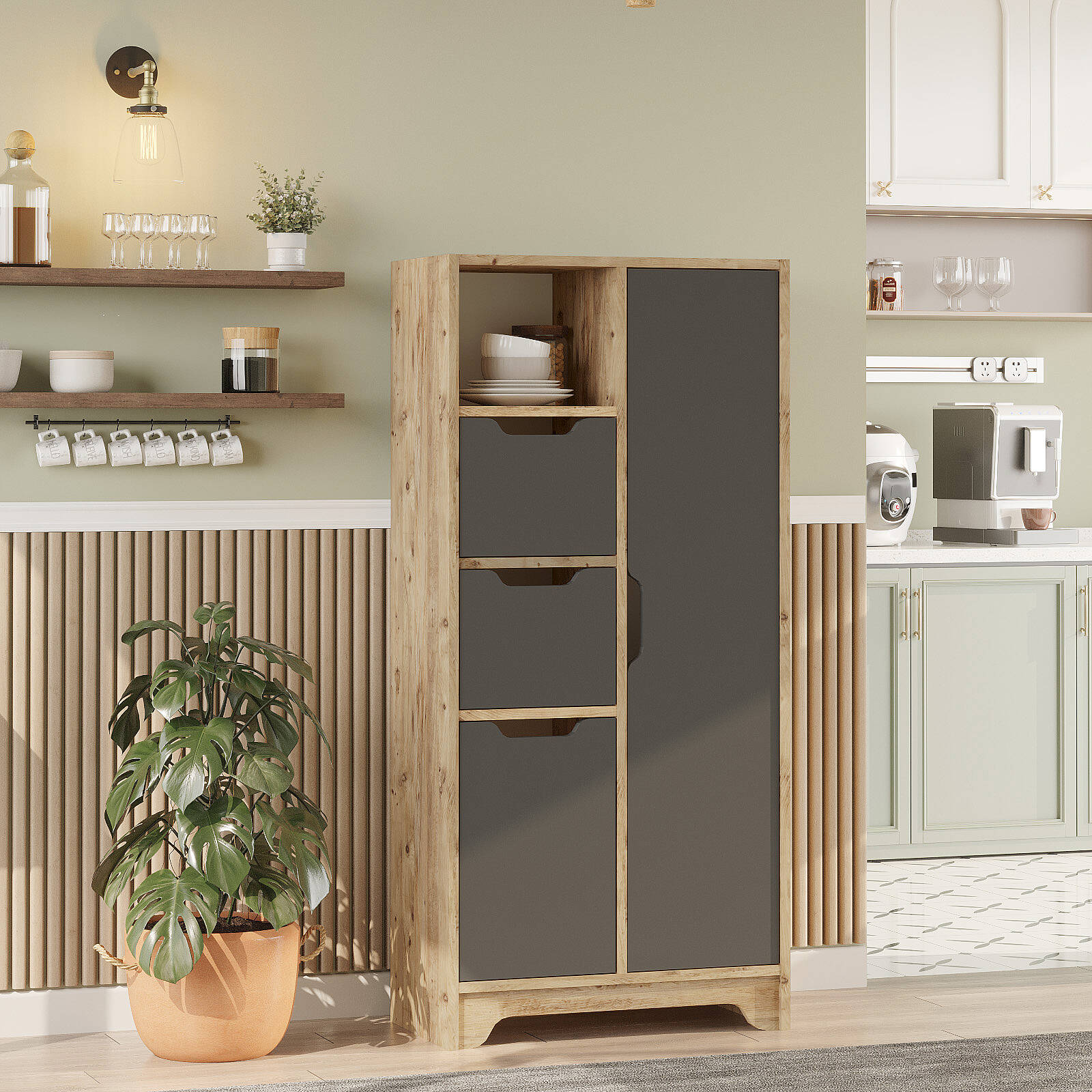 Colonne de rangement LIB1 – 6 Étagères, 2 Portes, 2 Tiroirs 140 cm | Chêne/Blanc, Blanc ou Chêne/Anthracite