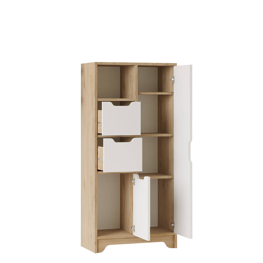 Colonne de rangement LIB1 – 6 Étagères, 2 Portes, 2 Tiroirs 140 cm | Chêne/Blanc, Blanc ou Chêne/Anthracite