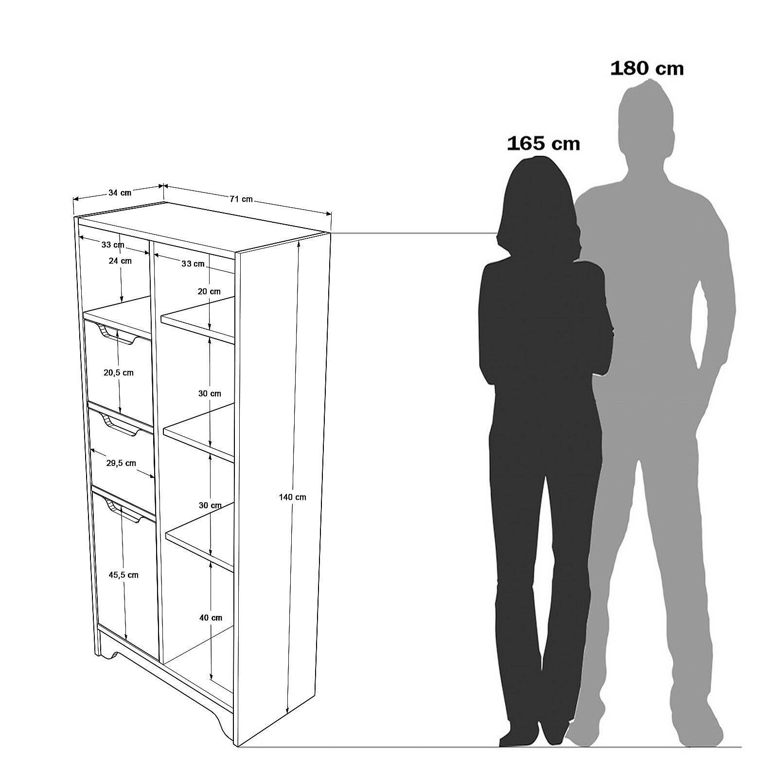 Colonne de rangement LIB1 – 6 Étagères, 2 Portes, 2 Tiroirs 140 cm | Chêne/Blanc, Blanc ou Chêne/Anthracite