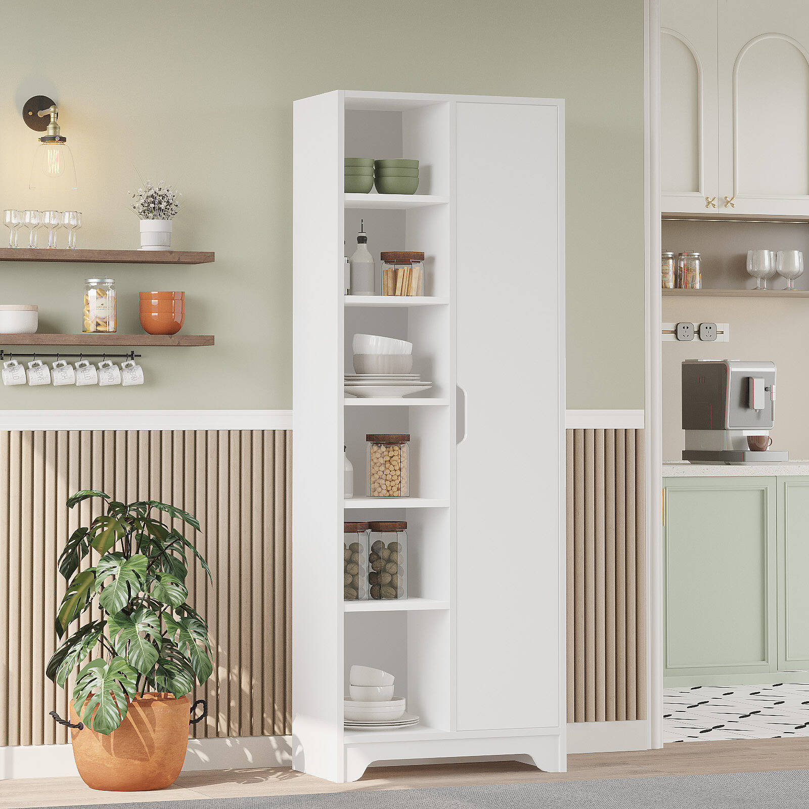 Colonne de rangement LIB2 – 11 Étagères, 1 Porte & 2 Compartiments 180 cm | Chêne/Blanc, Blanc ou Chêne/Anthracite