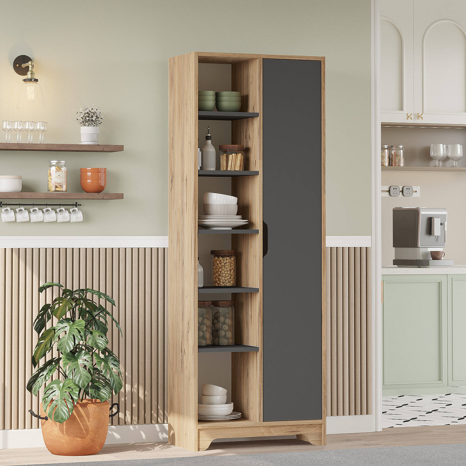 Colonne de rangement LIB2 – 11 Étagères, 1 Porte & 2 Compartiments 180 cm | Chêne/Blanc, Blanc ou Chêne/Anthracite