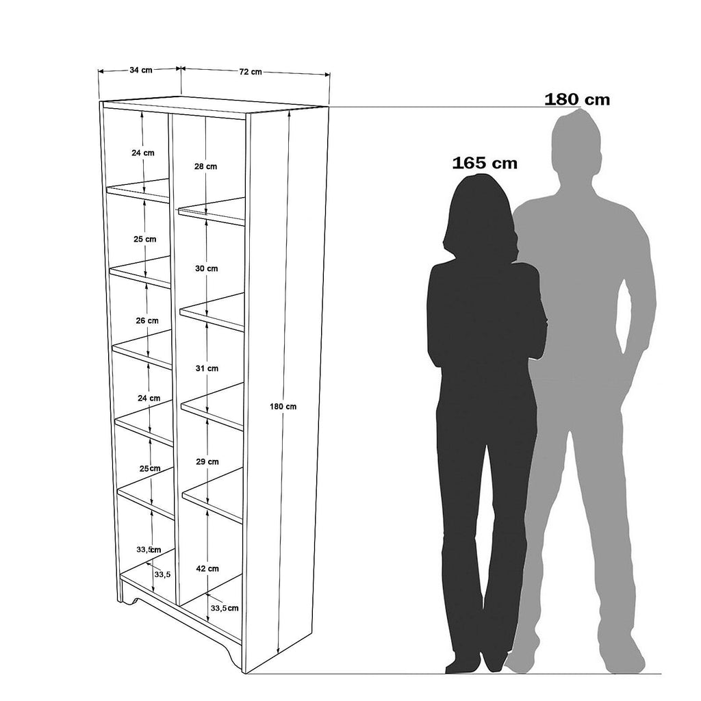 Colonne de rangement LIB2 – 11 Étagères, 1 Porte & 2 Compartiments 180 cm | Chêne/Blanc, Blanc ou Chêne/Anthracite
