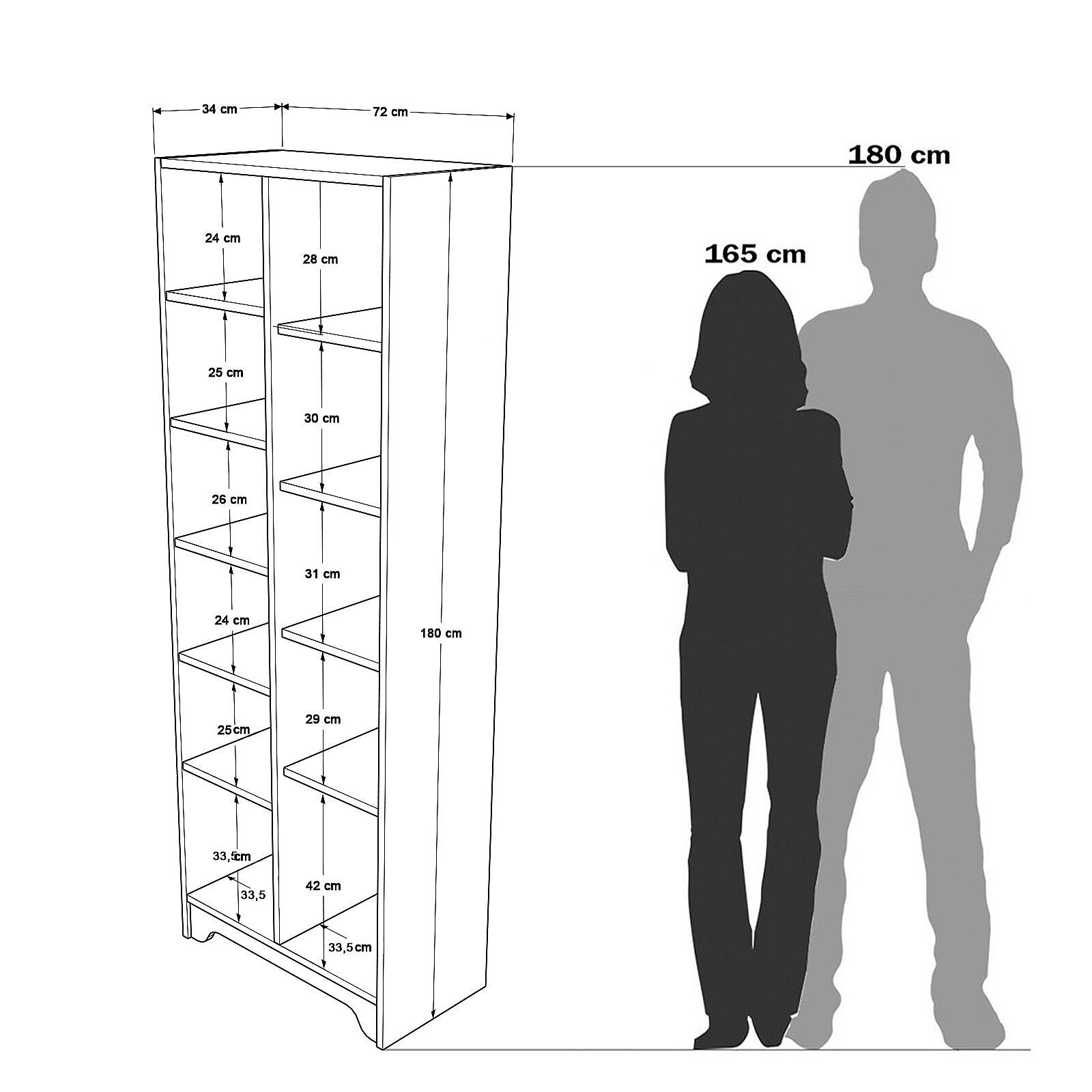 Colonne de rangement LIB2 – 11 Étagères, 1 Porte & 2 Compartiments 180 cm | Chêne/Blanc, Blanc ou Chêne/Anthracite