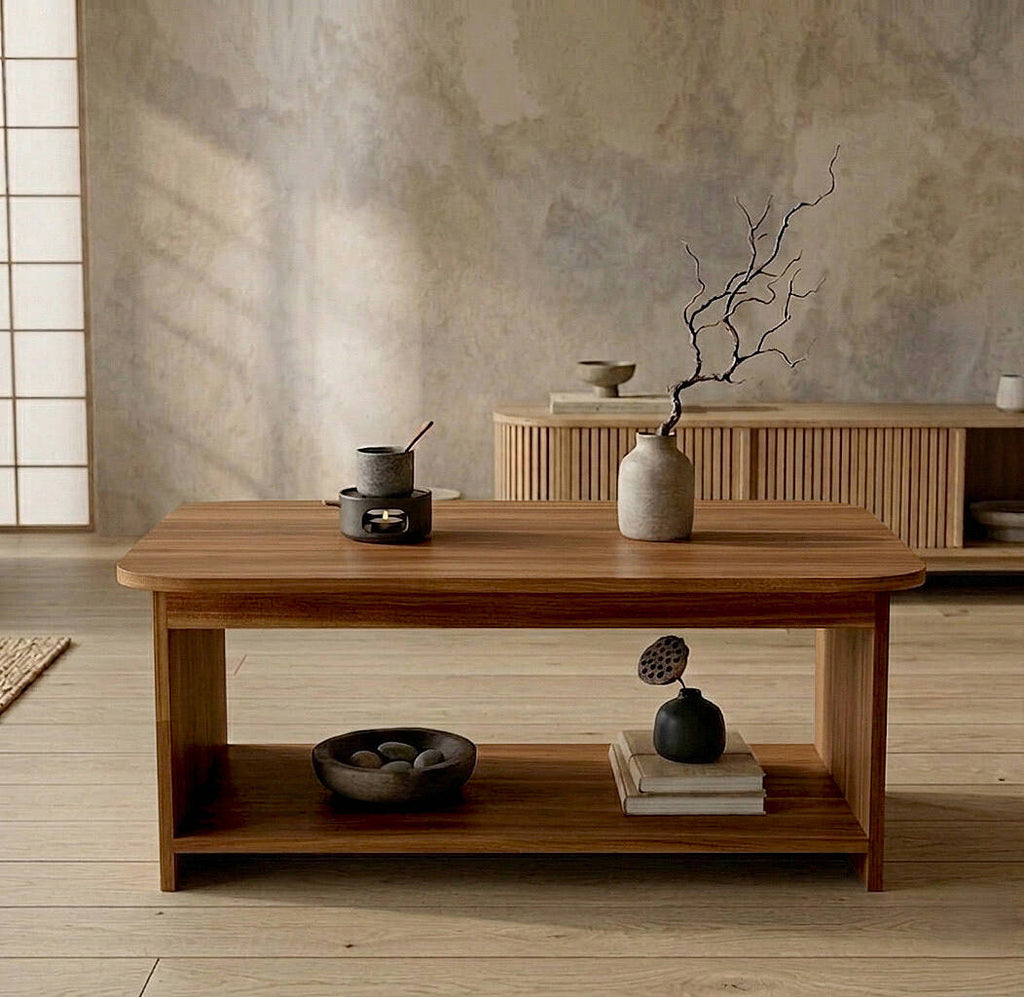 Table basse CHB1 arrondie, effet noyer ou pierre