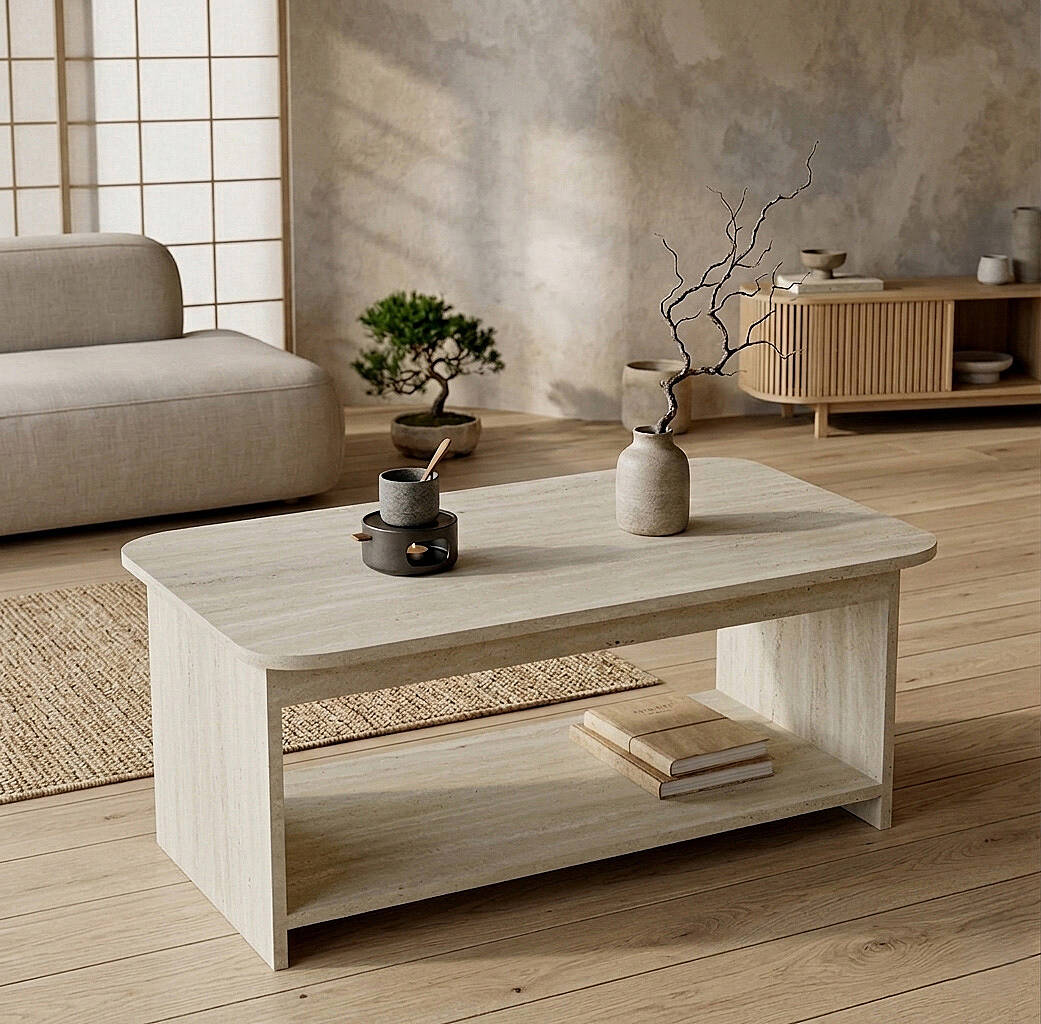 Table basse CHB1 arrondie, effet noyer ou pierre