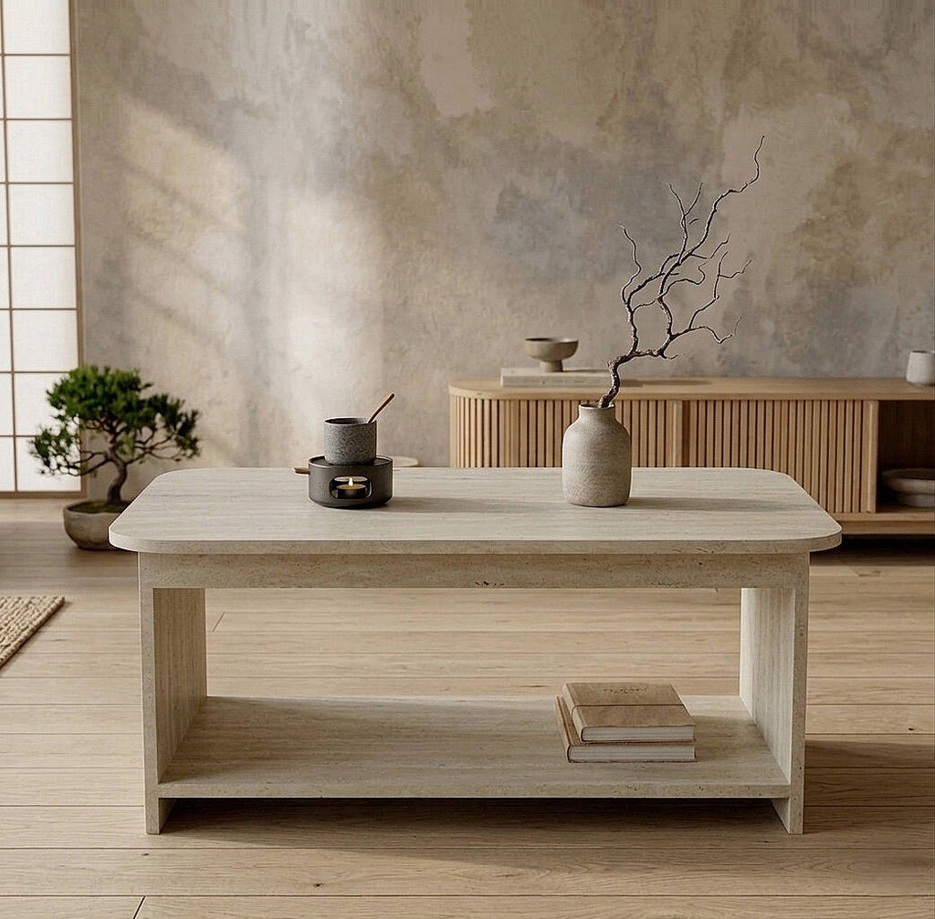 Table basse CHB1 arrondie, effet noyer ou pierre