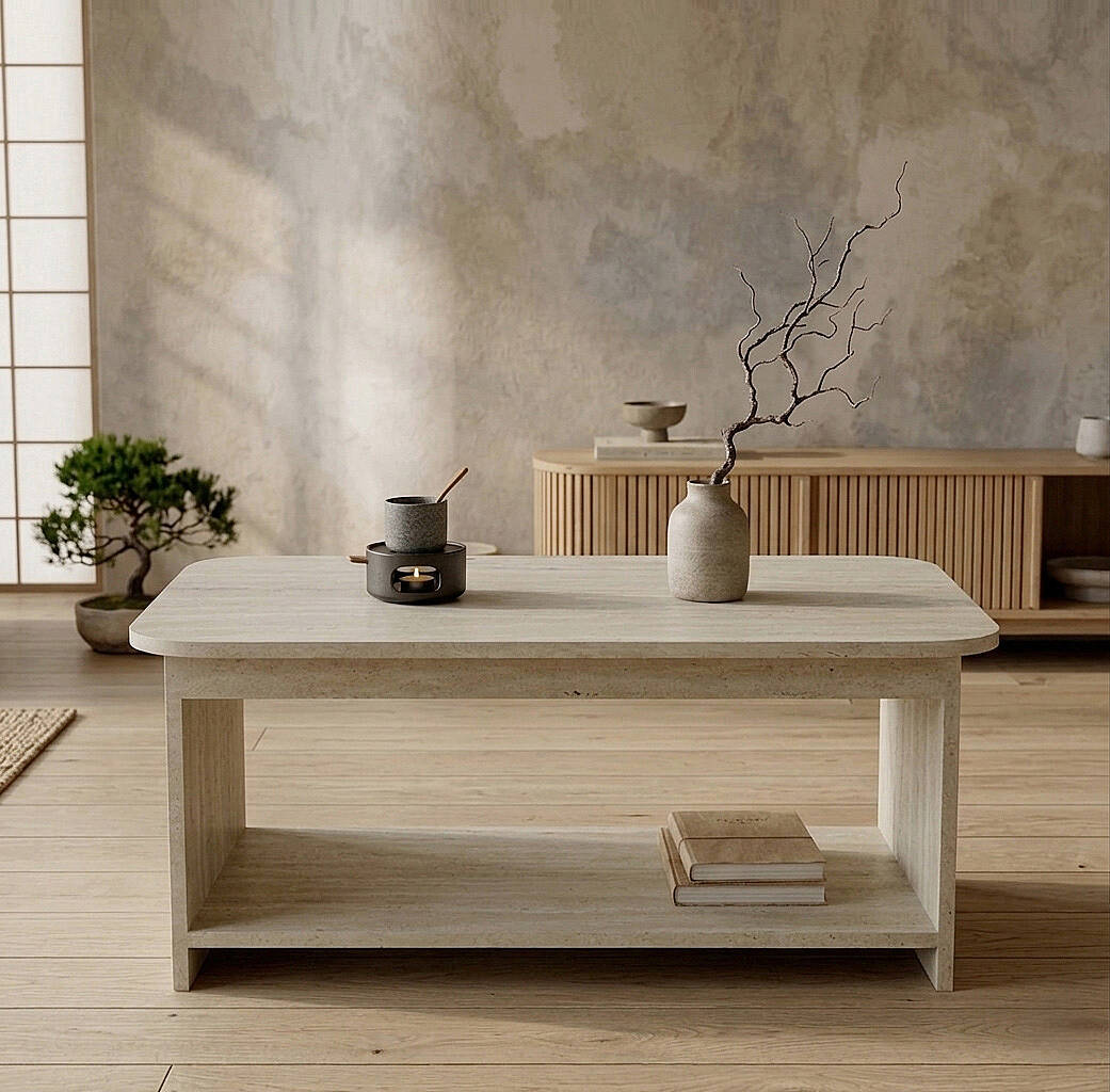 Table basse CHB1 arrondie, effet noyer ou pierre