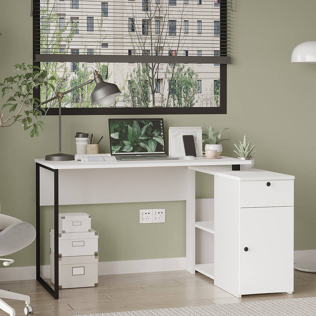 Bureau avec rangements NOR1 – Tiroir, Placard & Compartiment | Chêne/Blanc, Blanc ou Chêne/Anthracite