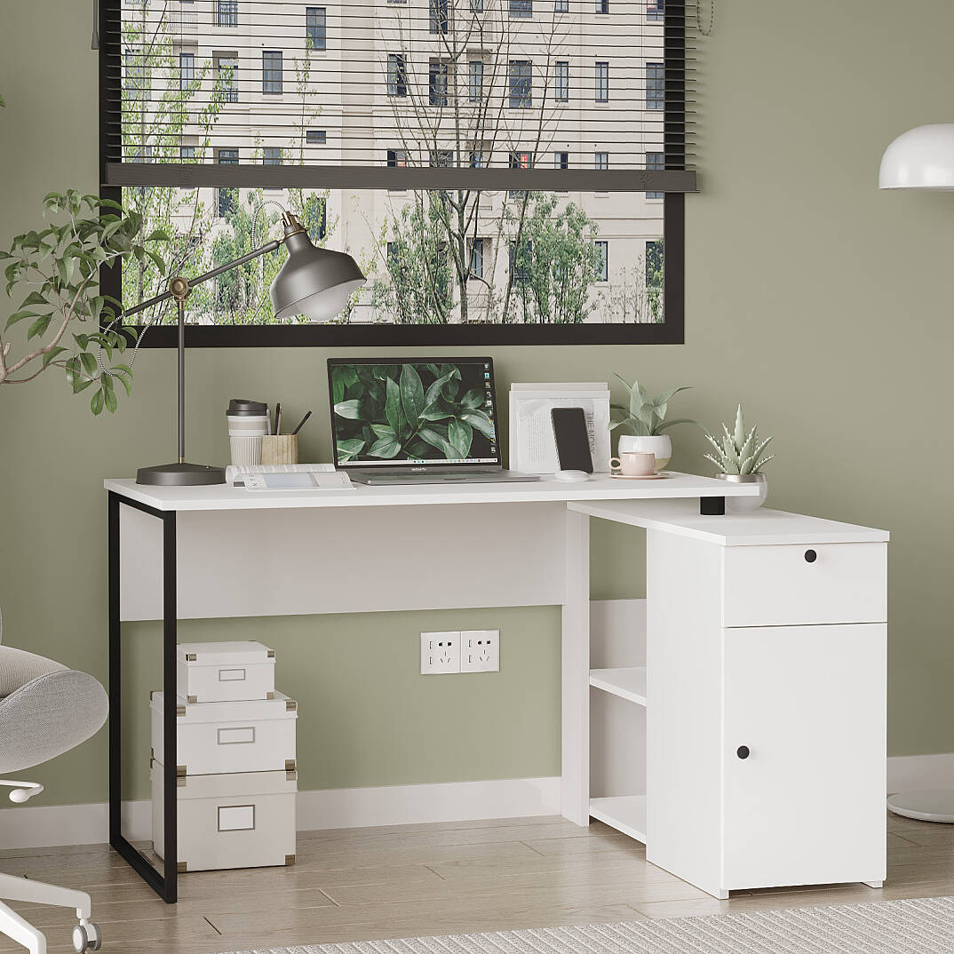 Bureau avec rangements NOR1 – Tiroir, Placard & Compartiment | Chêne/Blanc, Blanc ou Chêne/Anthracite