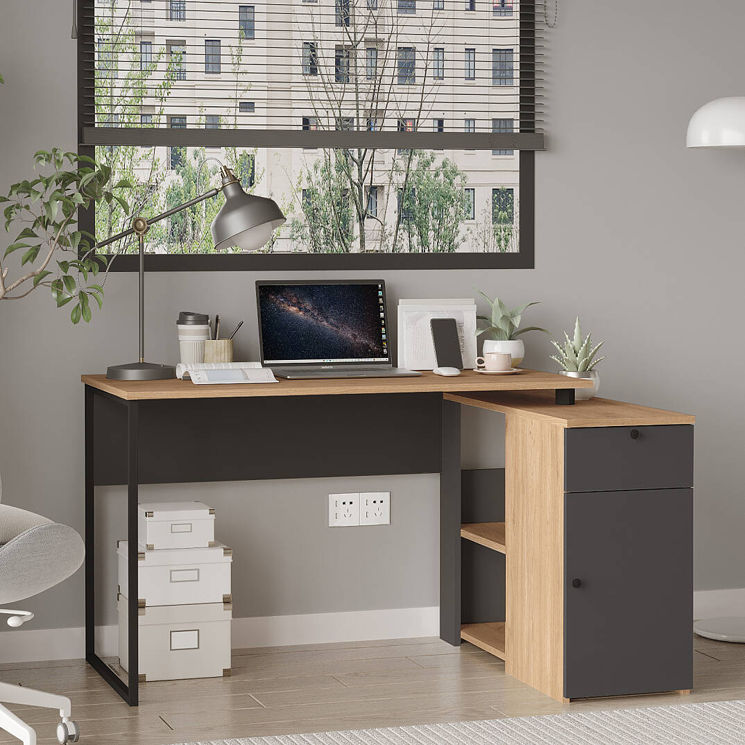 Bureau avec rangements NOR1 – Tiroir, Placard & Compartiment | Chêne/Blanc, Blanc ou Chêne/Anthracite