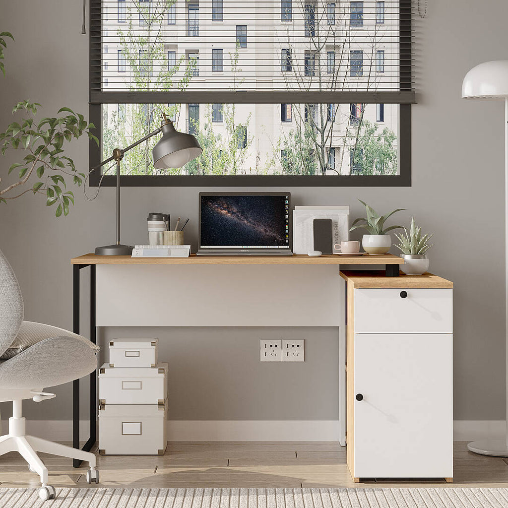 Bureau avec rangements NOR1 – Tiroir, Placard & Compartiment | Chêne/Blanc, Blanc ou Chêne/Anthracite