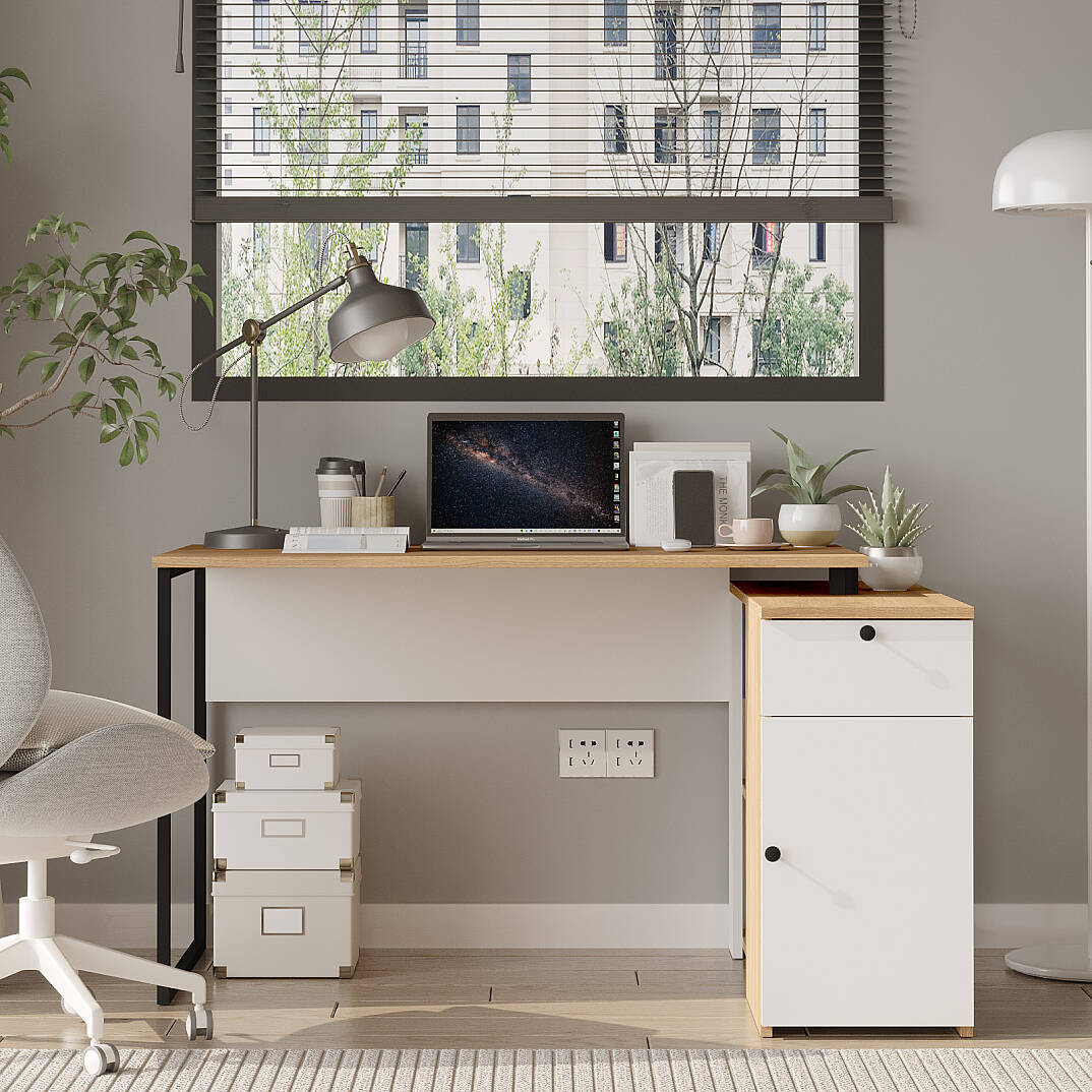 Bureau avec rangements NOR1 – Tiroir, Placard & Compartiment | Chêne/Blanc, Blanc ou Chêne/Anthracite