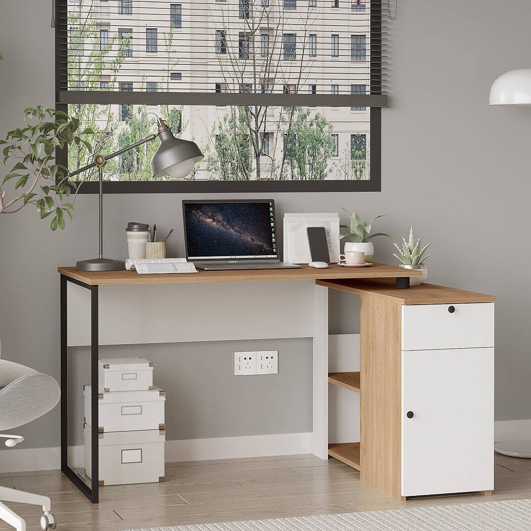 Bureau avec rangements NOR1 – Tiroir, Placard & Compartiment | Chêne/Blanc, Blanc ou Chêne/Anthracite