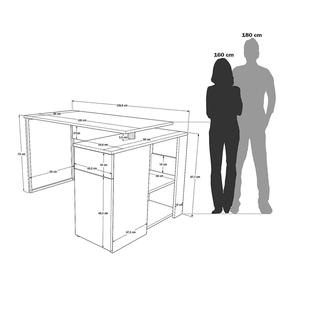 Bureau avec rangements NOR1 – Tiroir, Placard & Compartiment | Chêne/Blanc, Blanc ou Chêne/Anthracite
